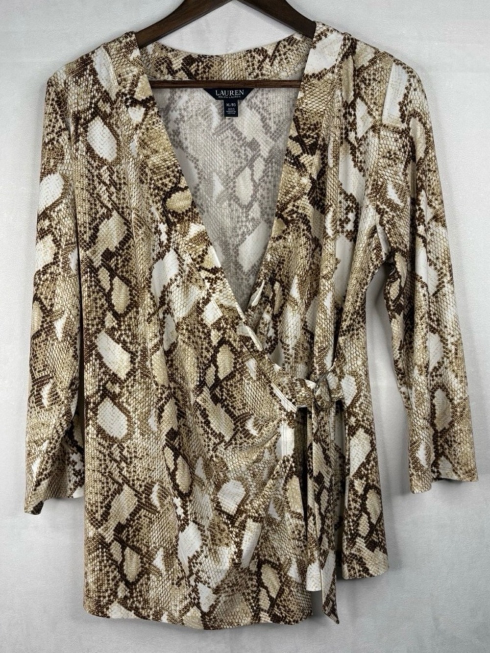 Lauren Ralph Lauren Brown and White Snake Print Wrap Blouse